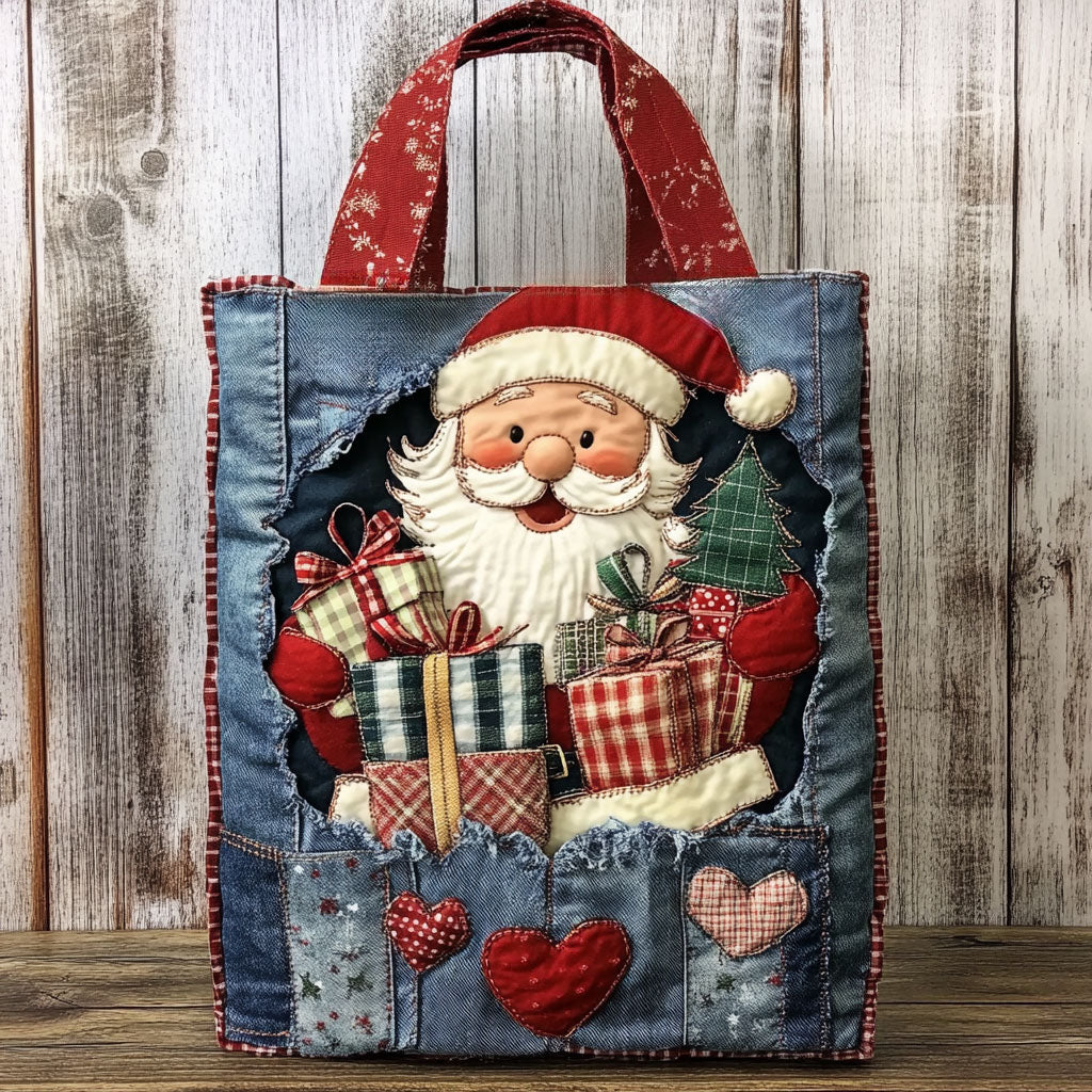 Sweet Santa quilted tote bag – santa with gifts and hearts