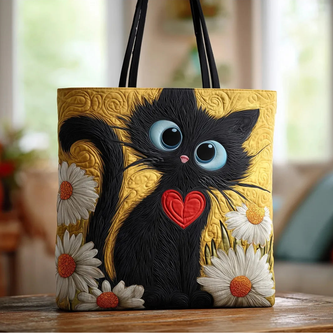 Artisan quilted tote bag with a black cat sitting amongst white daisies on a pale quilted background