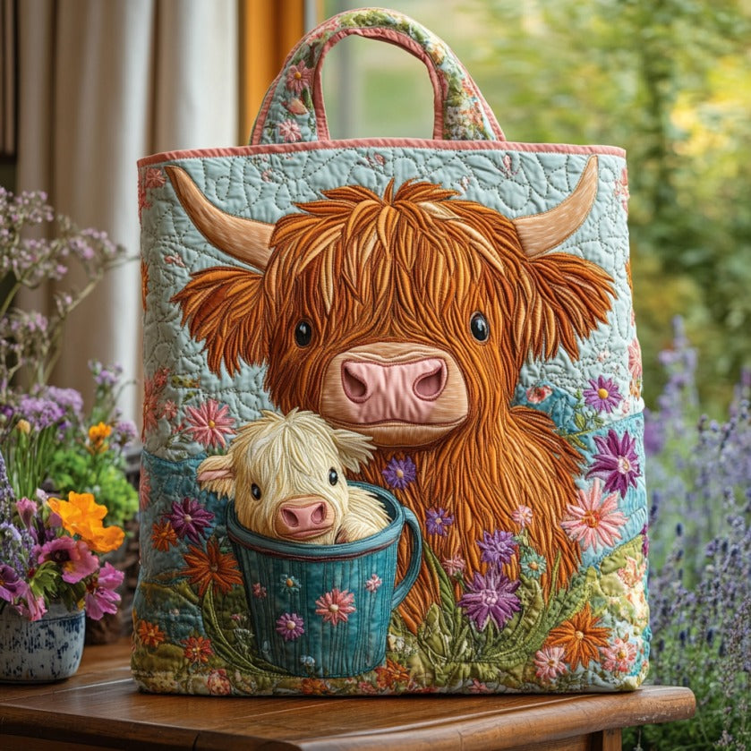 Highland Cow Bucket quilted tote bag – highland cow and calf