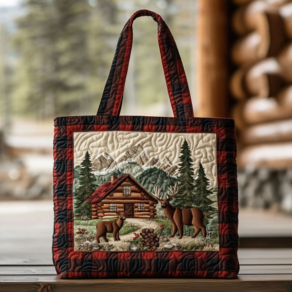 Cabin Retreat quilted tote bag – cabin in tartan