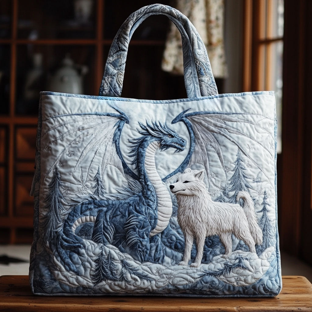 Frost Bond Dragon quilted tote bag – dragon and wolf