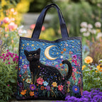 Moonlit Black Cat quilted tote bag – cat under moon