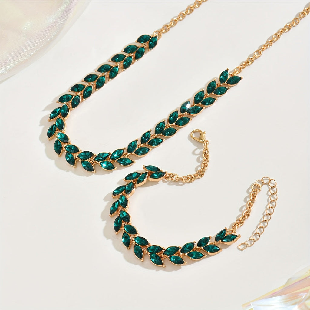 Necklace & Bracelet Set - Green Crystal Leaves