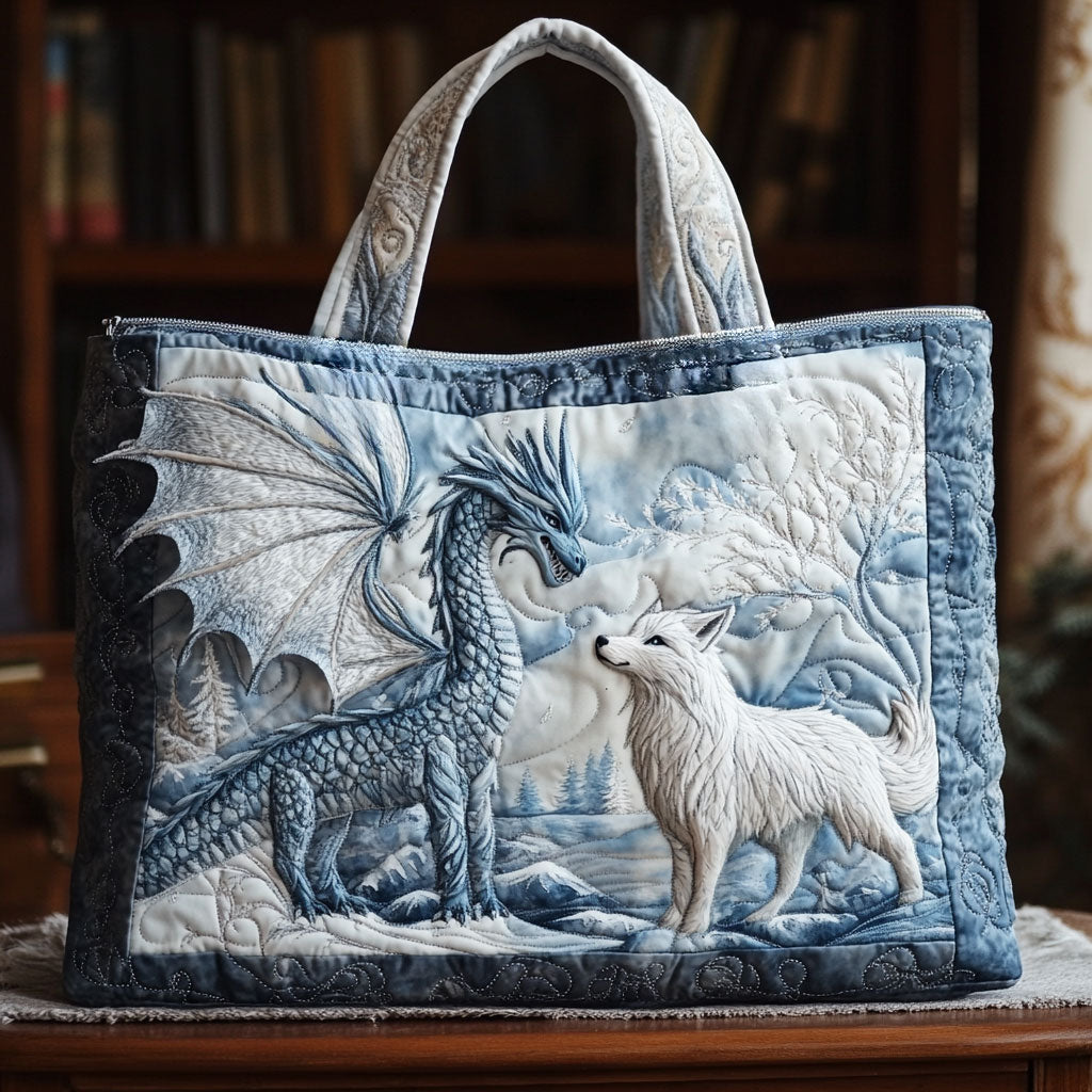Frost Dragon quilted tote bag – dragon and wolf