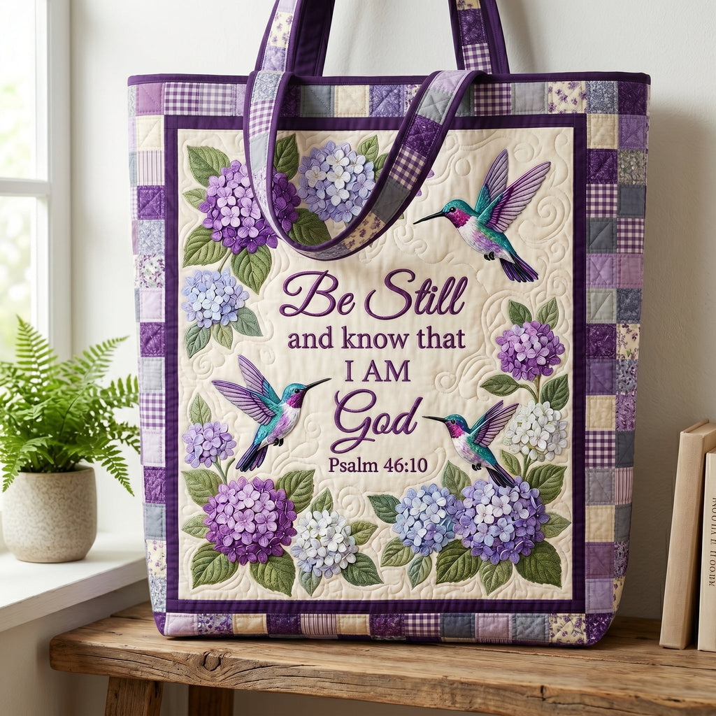 Be Still Hummingbirds quilted tote bag – hummingbirds and verse