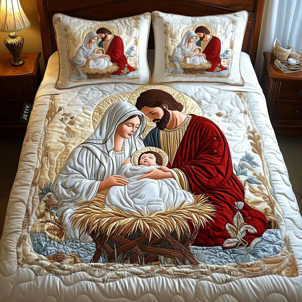 Quilted bedspread set with Father Christmas among snowy rooftops, holly and stars in the Father Christmas design