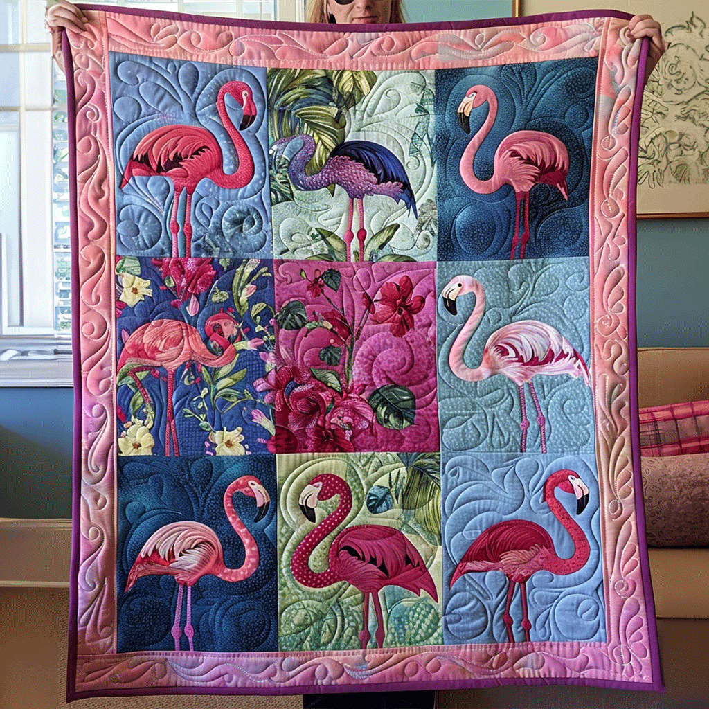 Flamingo Squares art quilt – flamingo patchwork