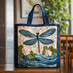 Dragonfly Above Lotus quilted tote bag – dragonfly over lotus
