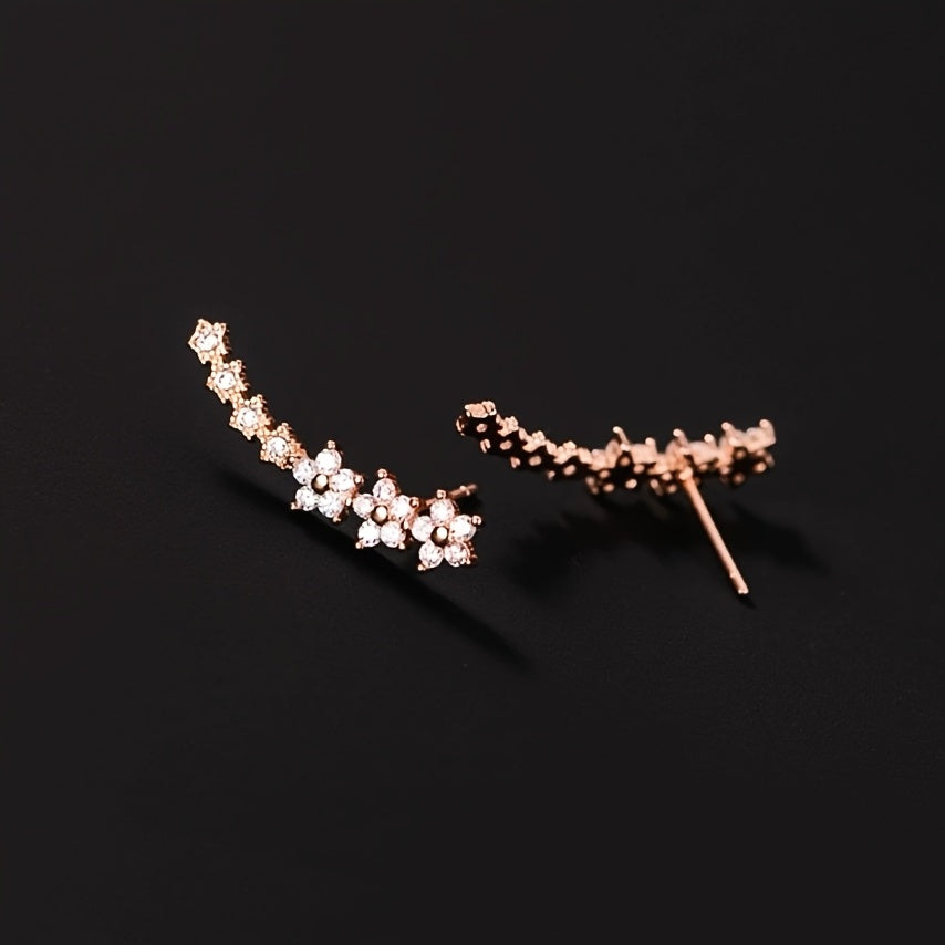 Ear Climber Earrings - Crystal Flowers