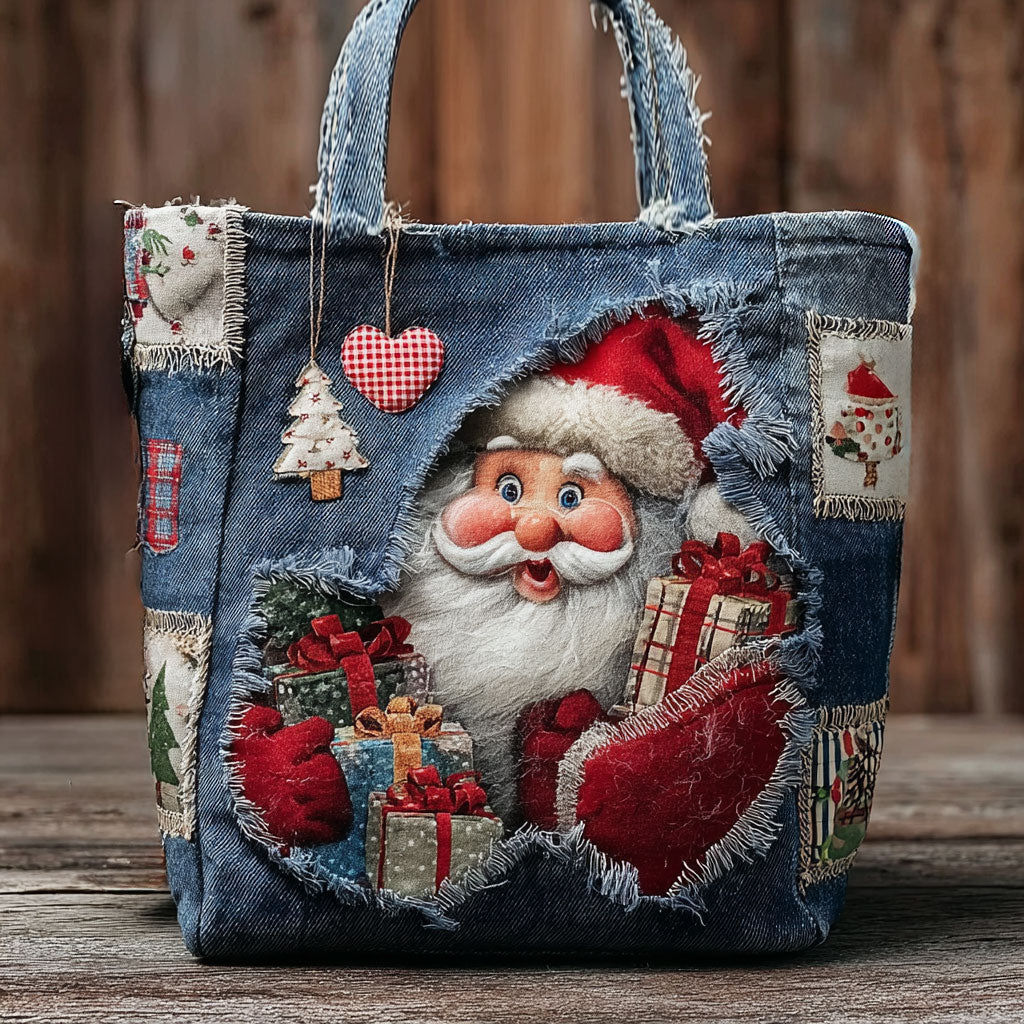 Denim Santa quilted tote bag – santa on denim