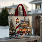 Christmas Lighthouse Cottage quilted tote bag – lighthouse at Christmas