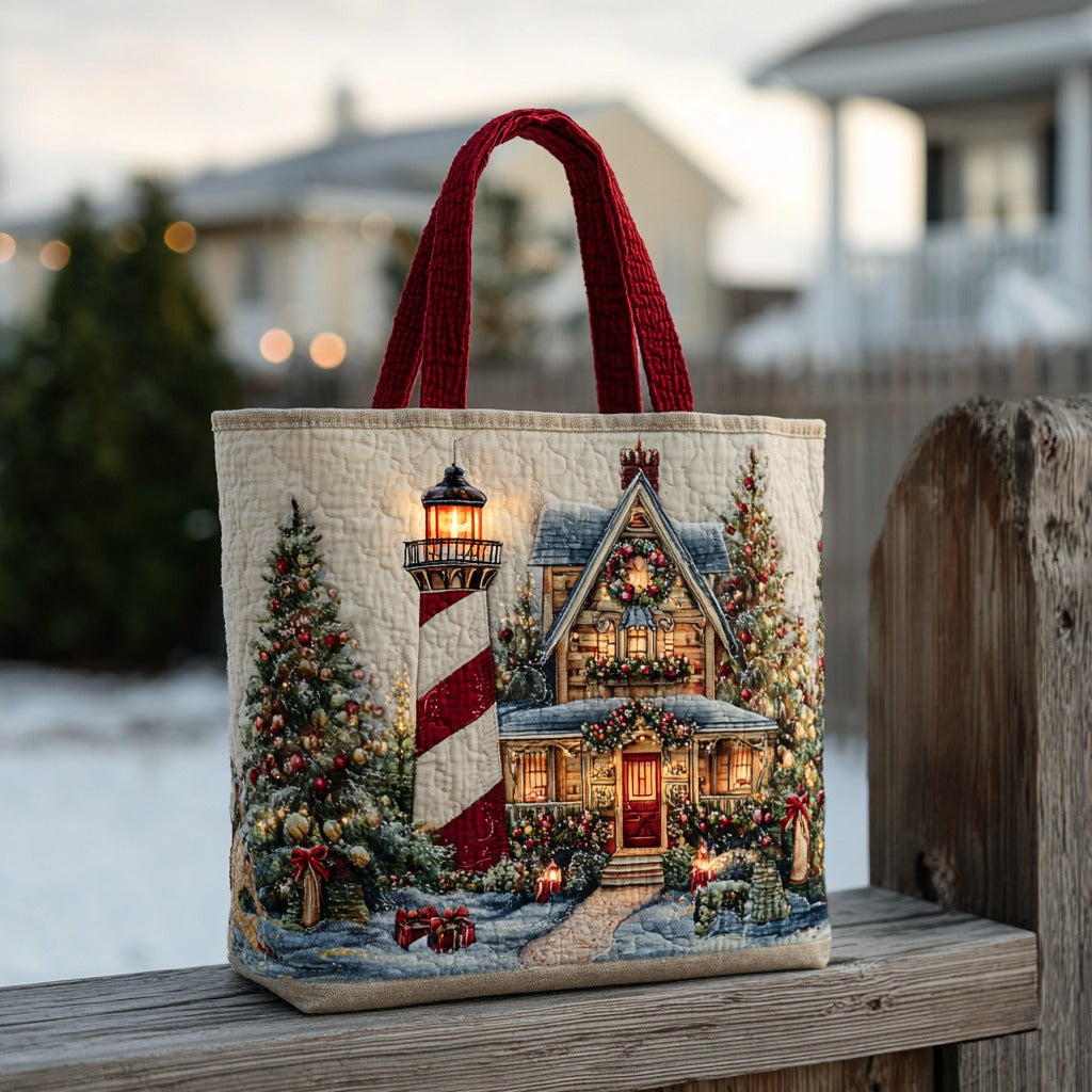 Christmas Lighthouse Cottage quilted tote bag – lighthouse at Christmas