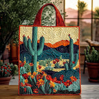 Desert Sunset Bloom quilted tote bag – cacti at sunset