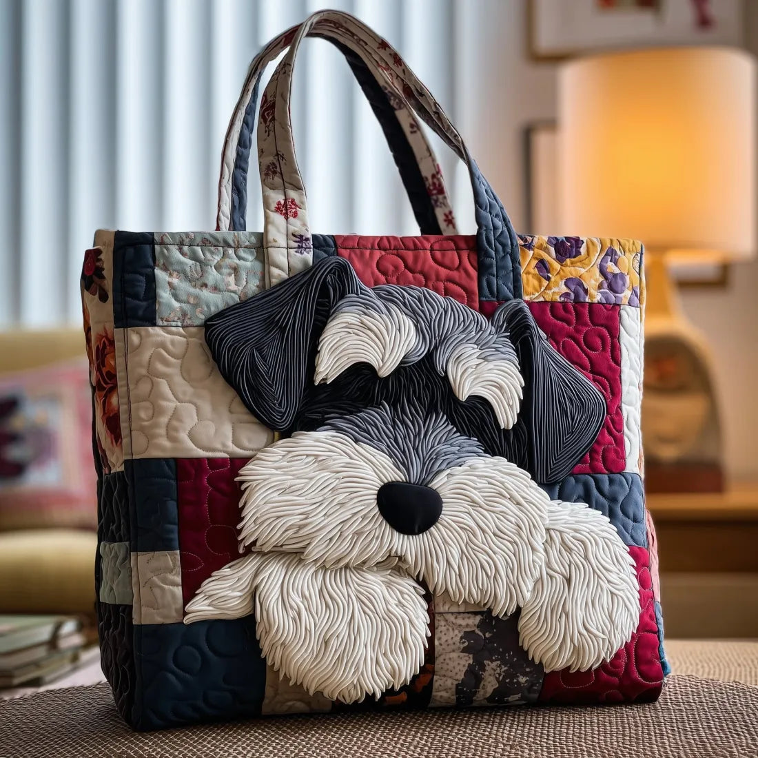 Artisan quilted tote bag with a schnauzer's face, raised eyebrows and neat beard shaded in salt and pepper grey