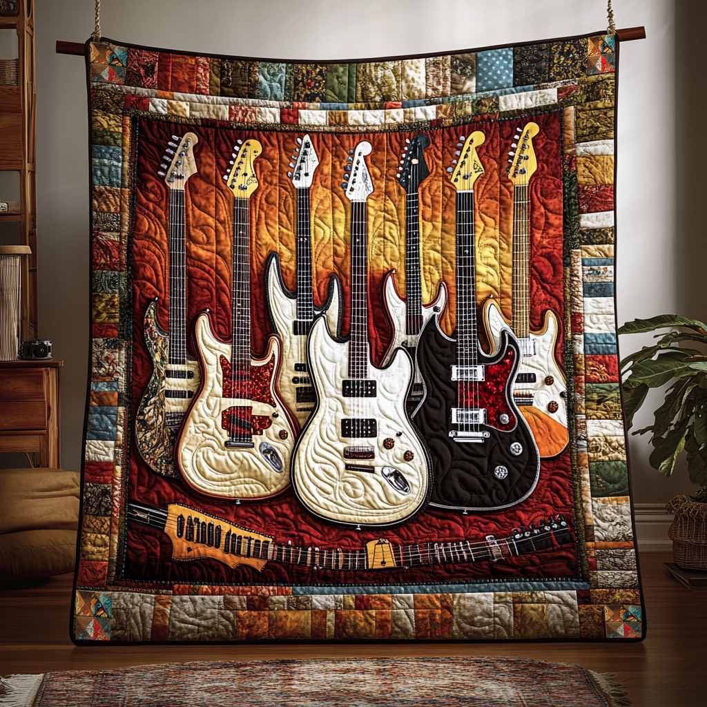 Guitar Collection quilted throw – electric guitars in a warm patchwork frame