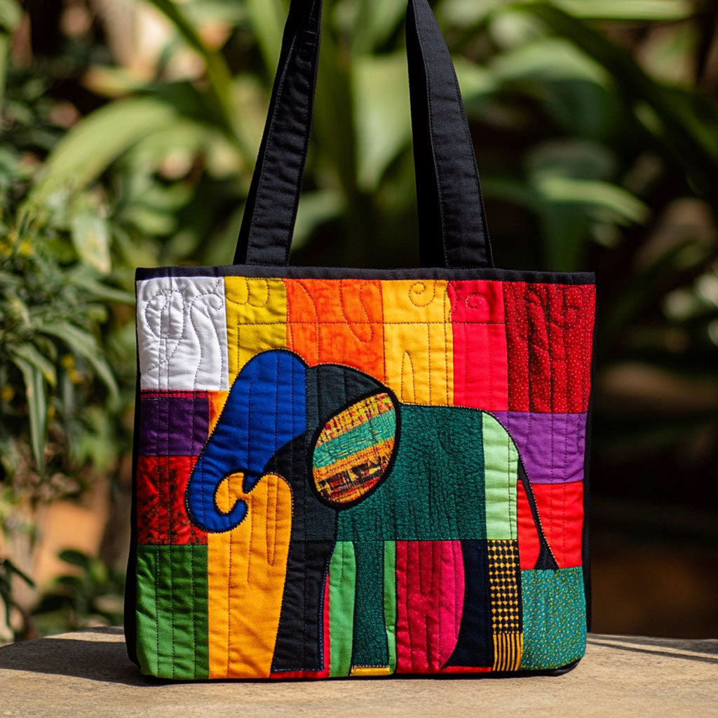 Vibrant Elephant Harmony quilted tote bag – elephant on rainbow blocks
