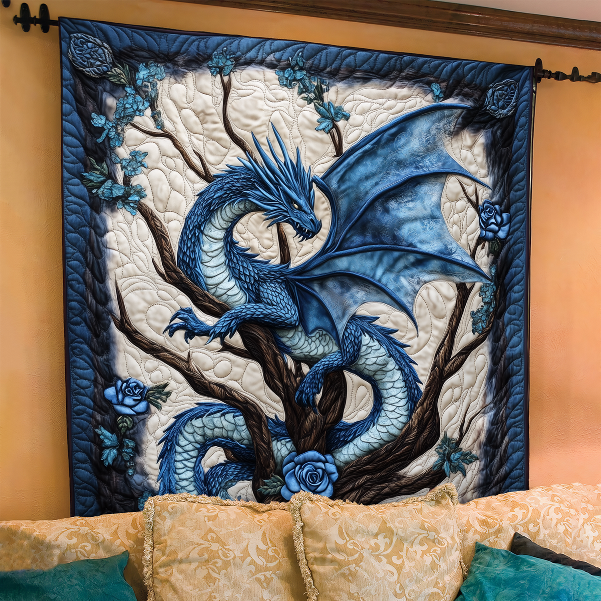 Quilted Throw - Blue Dragon and Blossom – view 2