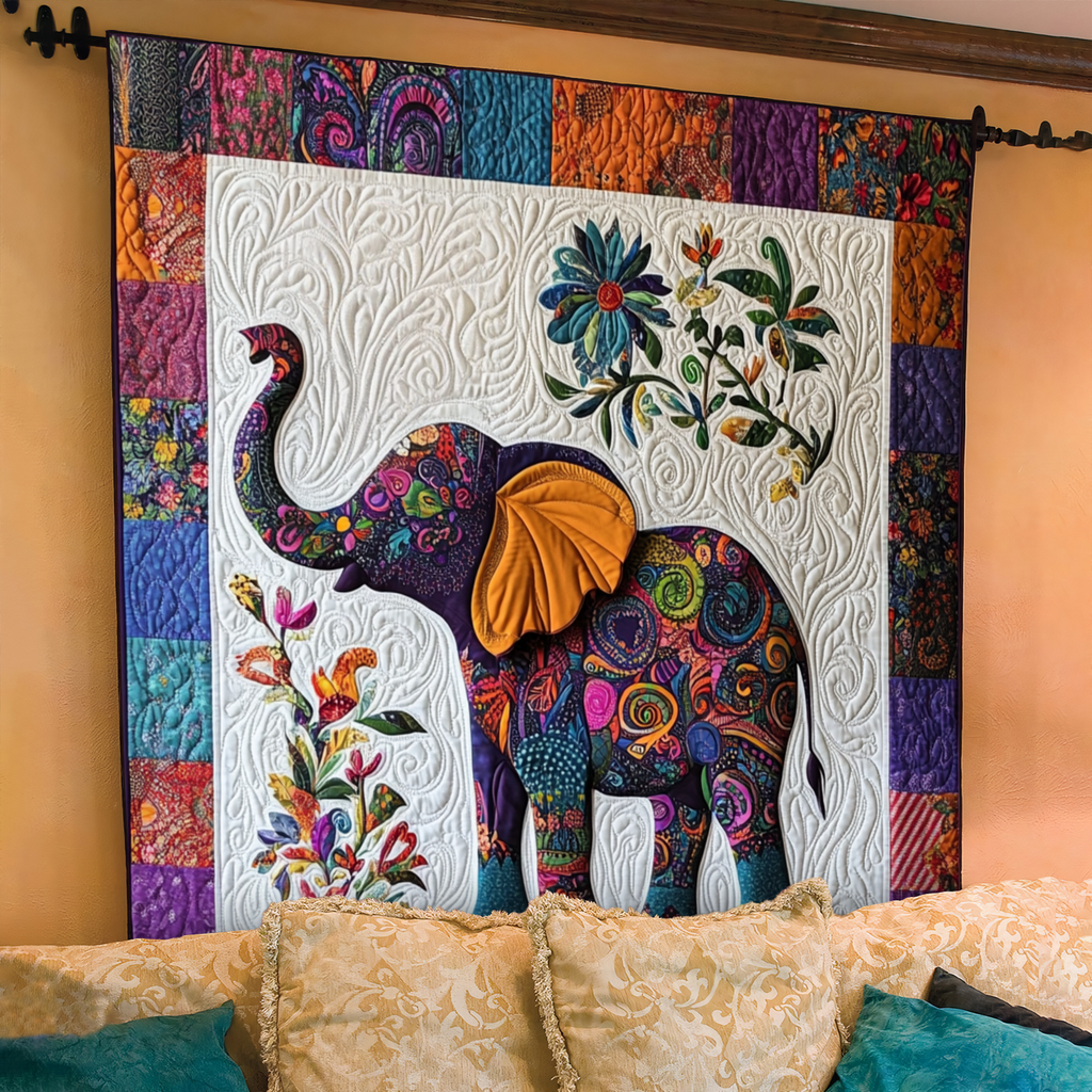 Floral Elephant quilted throw – purple floral elephant on white