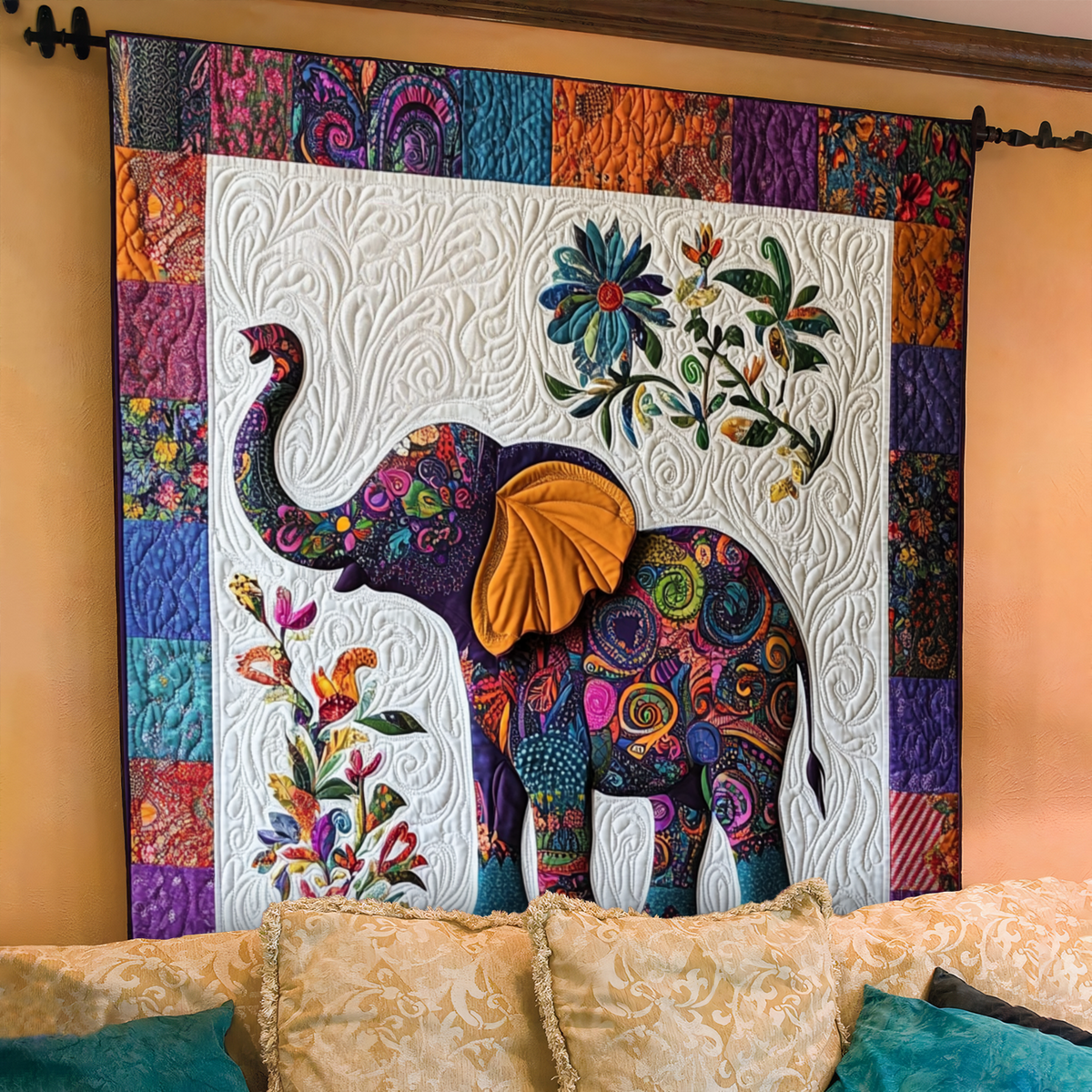 Floral Elephant quilted throw – purple floral elephant on white