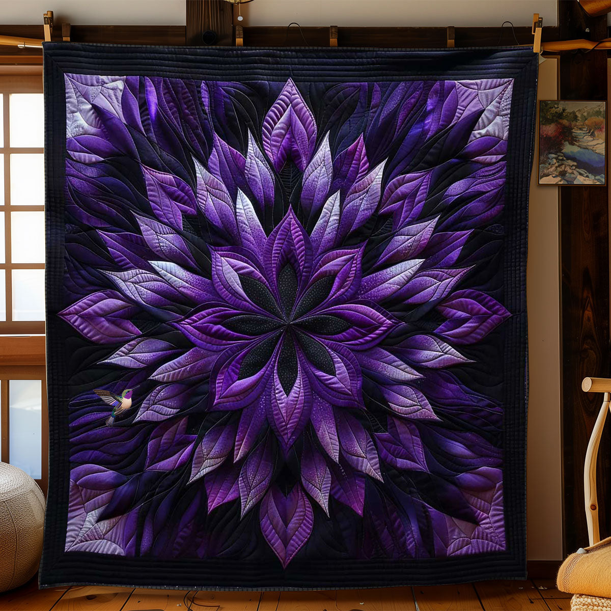 Purple Petal Bloom quilted throw – violet and lilac petal bloom on navy