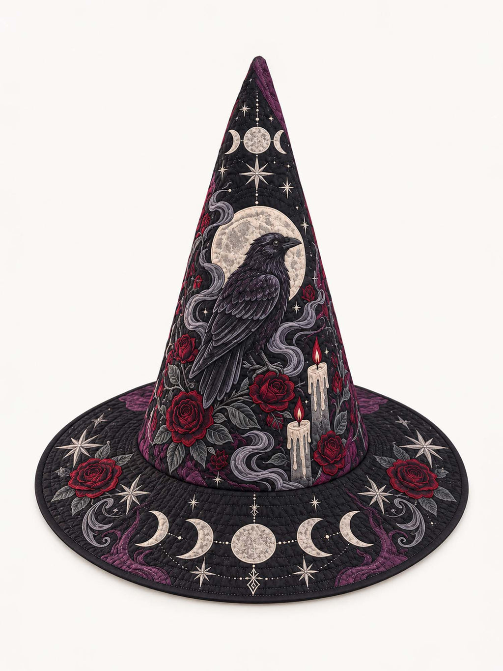 Raven Rose Moons quilted witch hat – raven with roses and moons