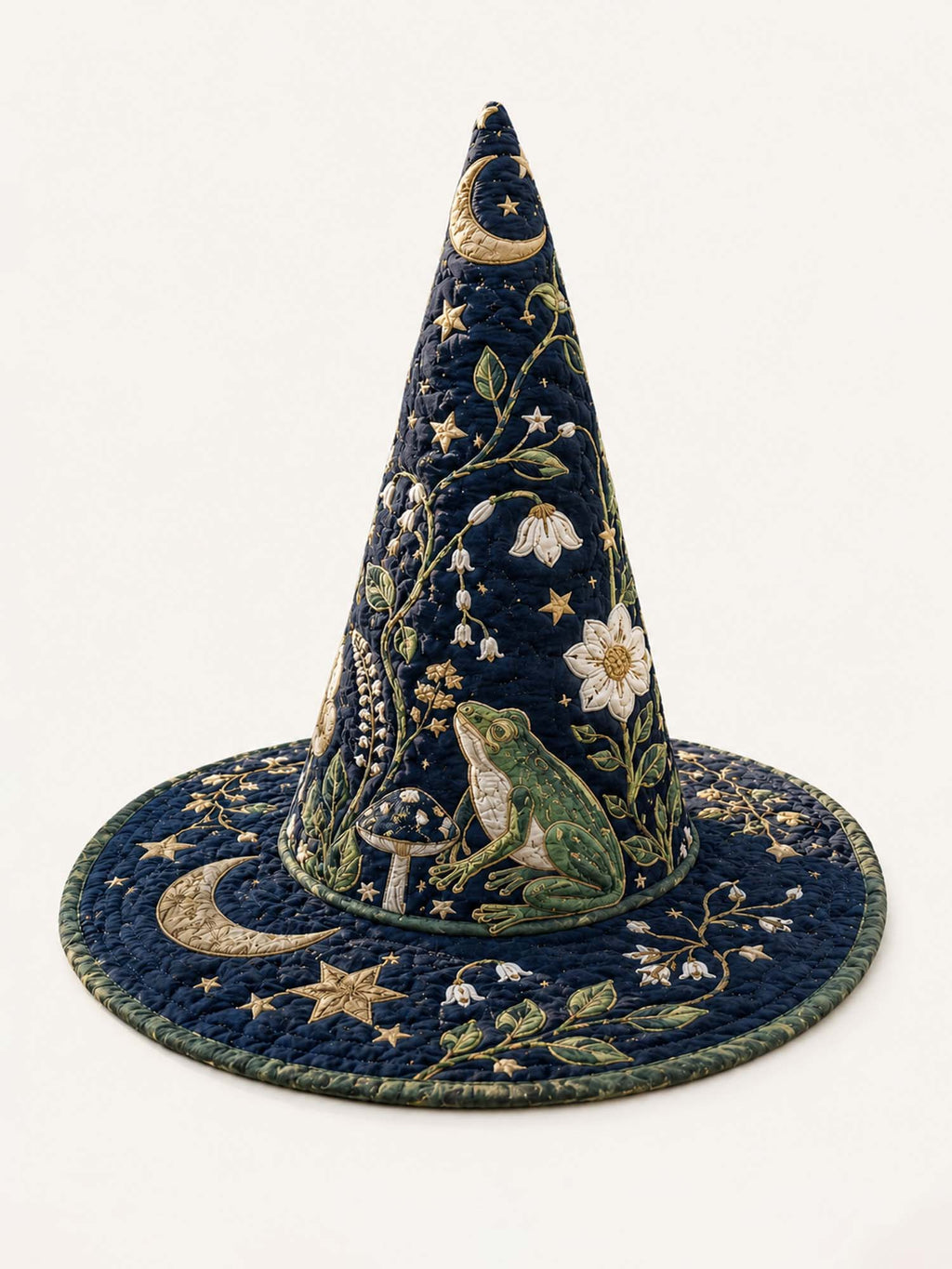 Moonlit Frog Garden quilted witch hat – frog in a moon garden