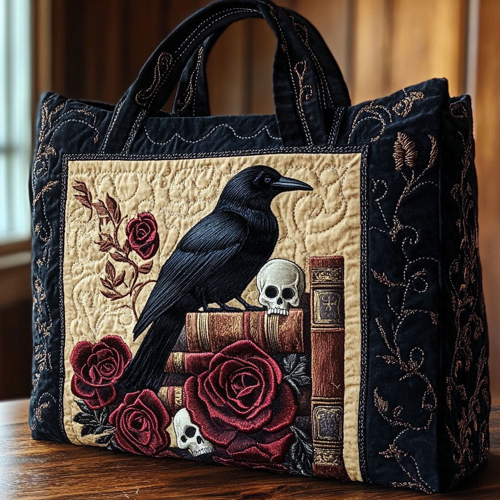Raven Skull Roses quilted tote bag – raven with skull