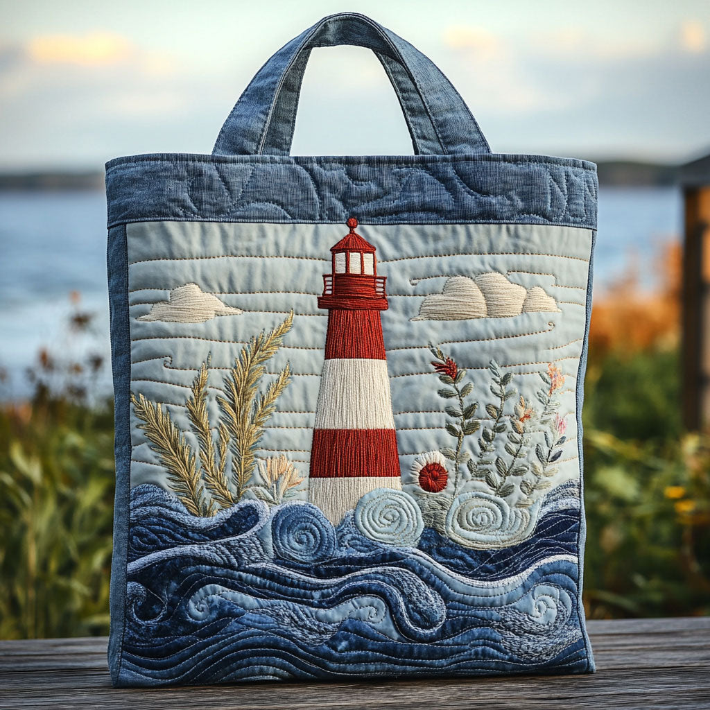 Sea Lighthouse quilted tote bag – lighthouse over waves