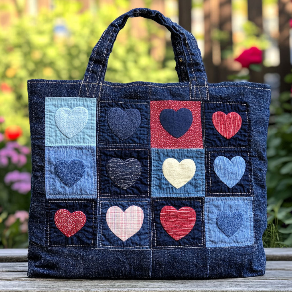Denim Heart Grid quilted tote bag – denim heart grid
