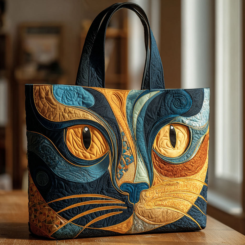 Golden Gaze quilted tote bag – cat with golden eyes