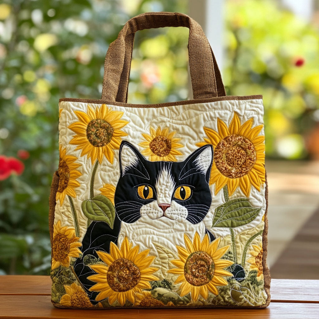 Tuxedo Charm quilted tote bag – tuxedo cat and sunflowers