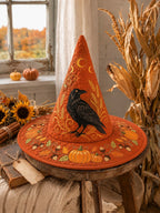 Raven Harvest quilted witch hat – raven on orange