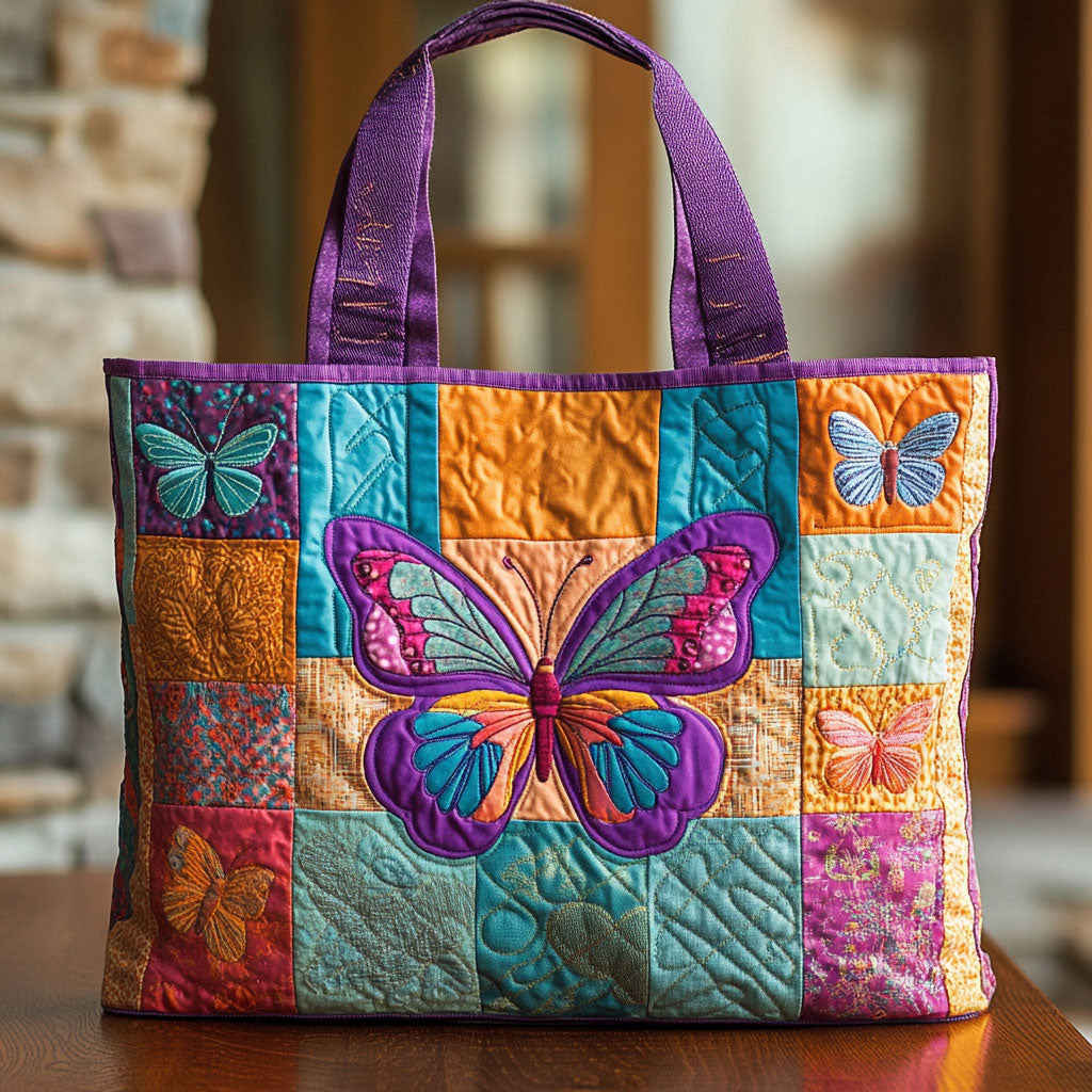 Rainbow Patch Butterfly quilted tote bag – butterfly on patchwork