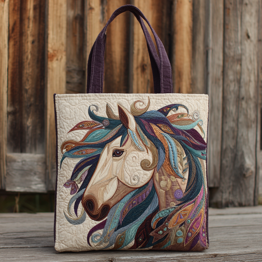 Swirling Mane quilted tote bag – horse with flowing mane