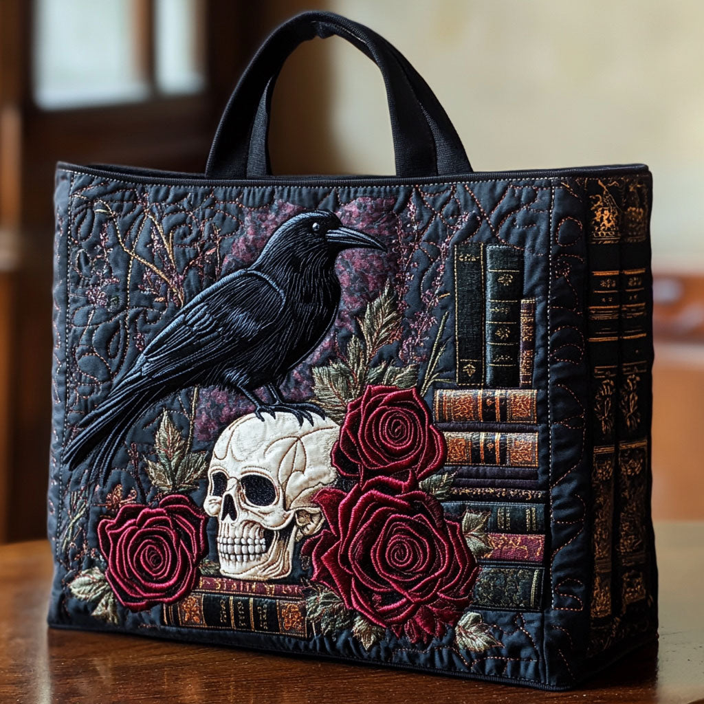 Raven Library quilted tote bag – raven with skull