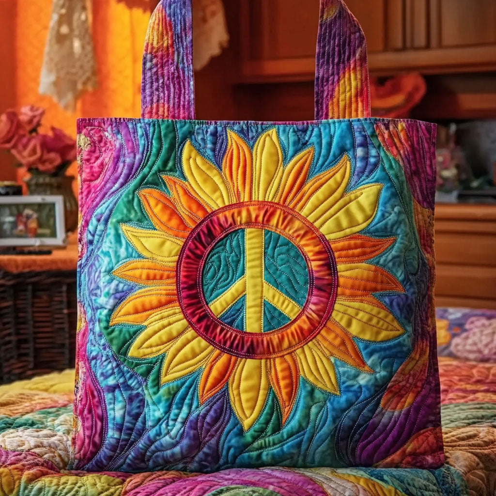 Rustic Peace Sunflower quilted tote bag – tie-dye peace sunflower