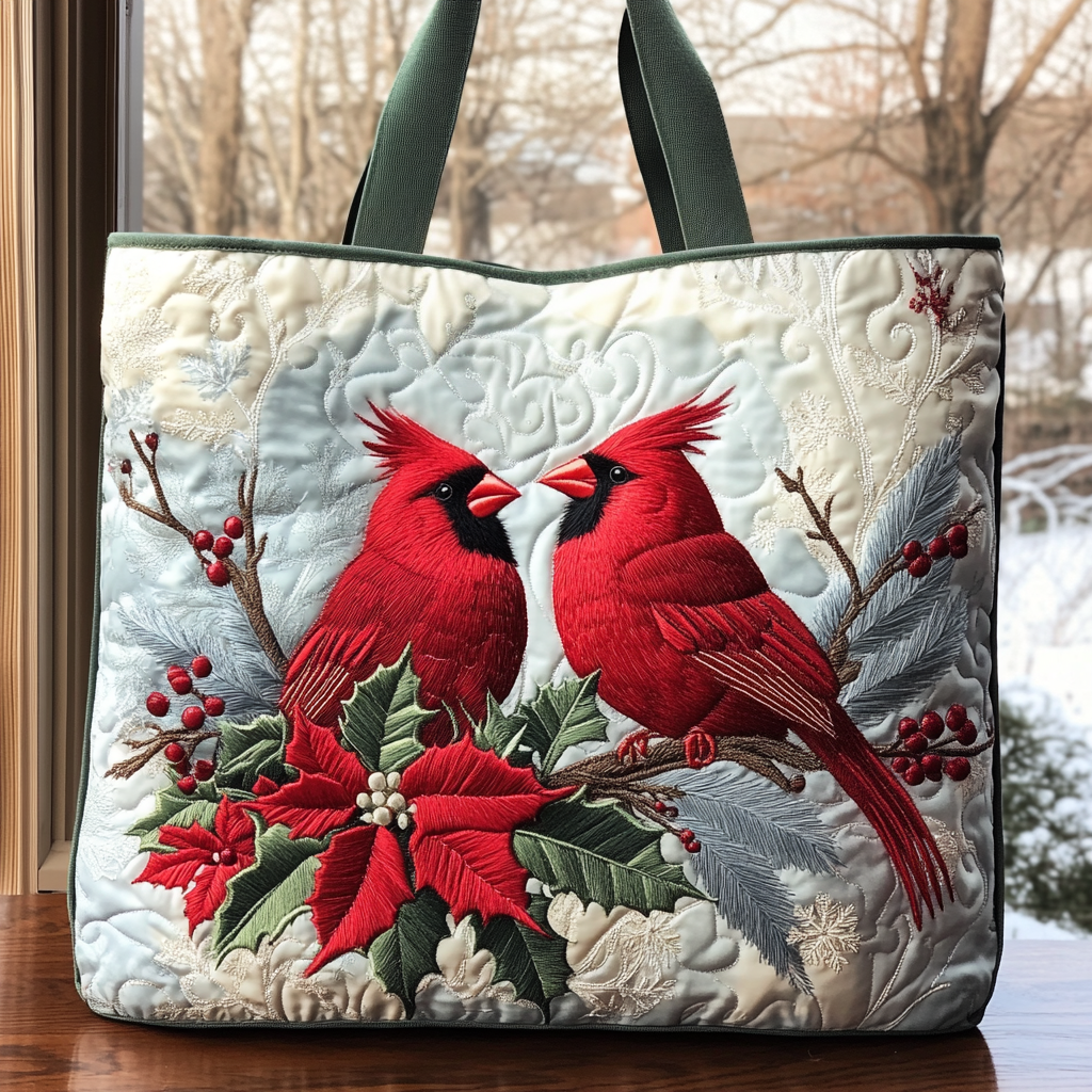 Crimson Noel Cardinals quilted tote bag – cardinals and poinsettias