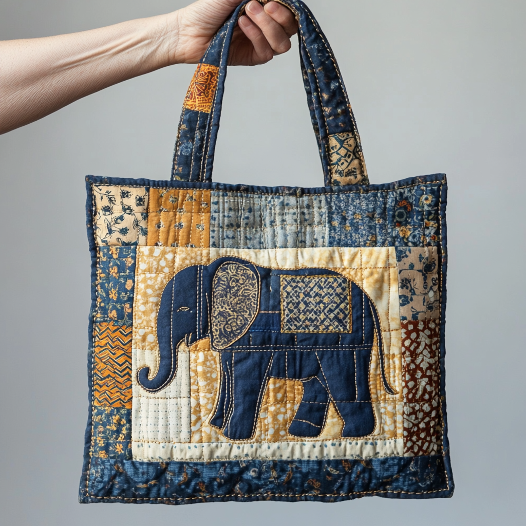 Indigo Elephant quilted tote bag – indigo patchwork elephant