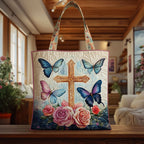 Butterfly Cross quilted tote bag – cross with butterflies