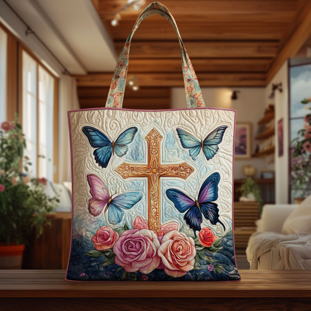 Butterfly Cross quilted tote bag – cross with butterflies
