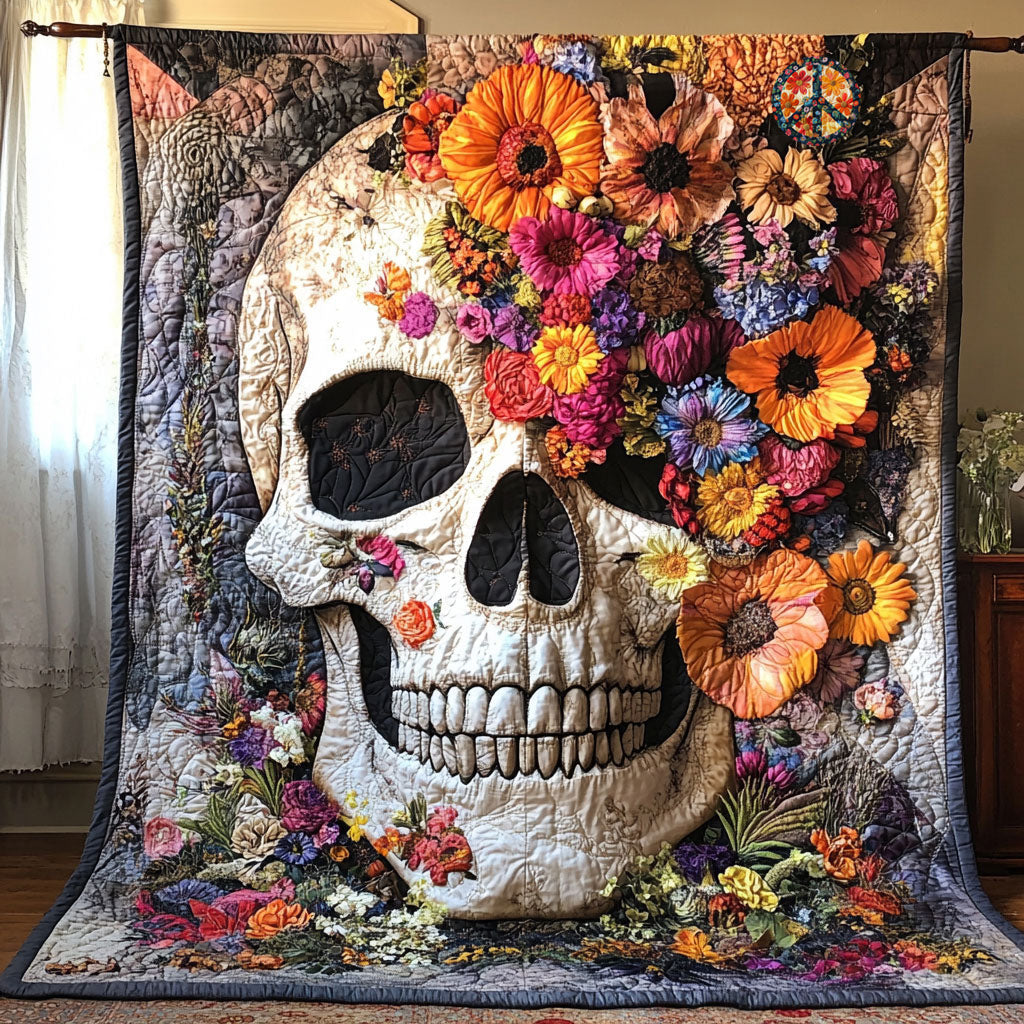 Flower Crown Skull quilted throw – skull with a crown of bright flowers