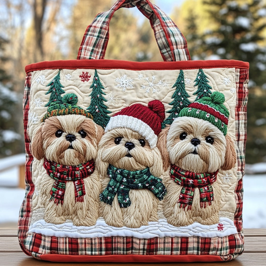 Furry Christmas Joy quilted tote bag – shih Tzus at Christmas