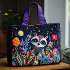 Mystic Raccoon Night quilted tote bag – raccoon in flowers