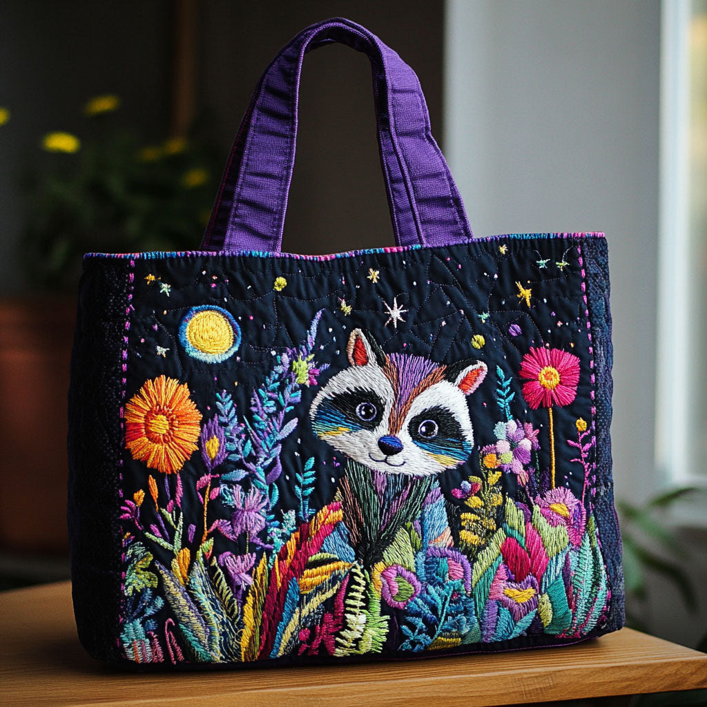 Mystic Raccoon Night quilted tote bag – raccoon in flowers