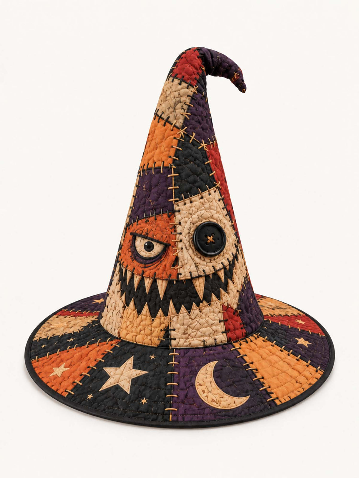 Button-Eye Monster quilted witch hat – patchwork monster