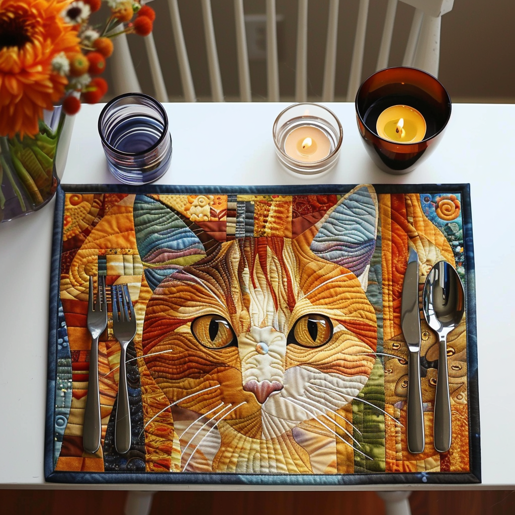 Mosaic Ginger Cat quilted placemats – ginger cat in mosaic patchwork