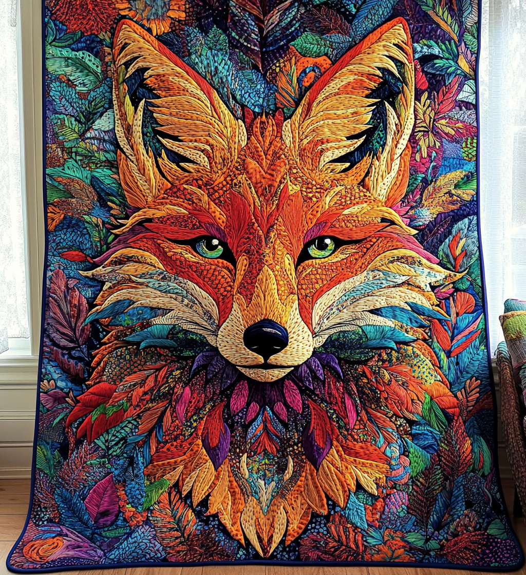 Abstract Fox quilted throw – fox face in flame-like orange, red and teal