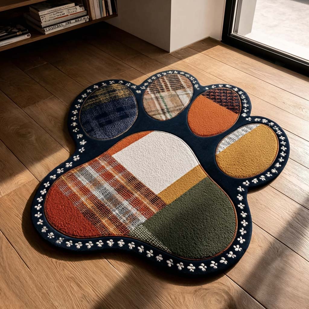 Abstract Mosaic Paw shaped rug – patchwork paw print