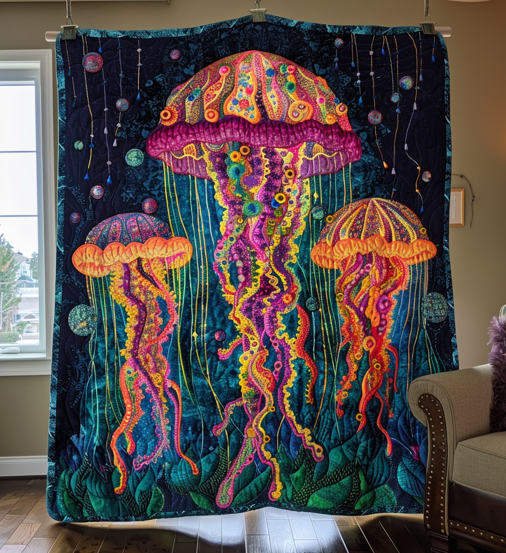Glowing Jellyfish quilted throw – glowing jellyfish on deep navy