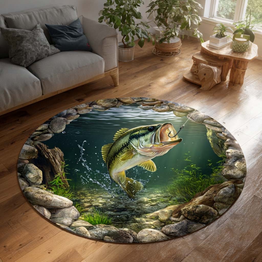Abyssal Fishing round rug – leaping bass
